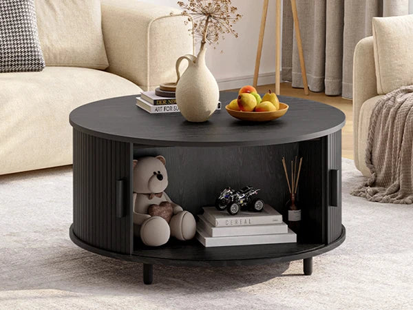 31.5" Round Modern Coffee Table with Storage & 360° Sliding Door