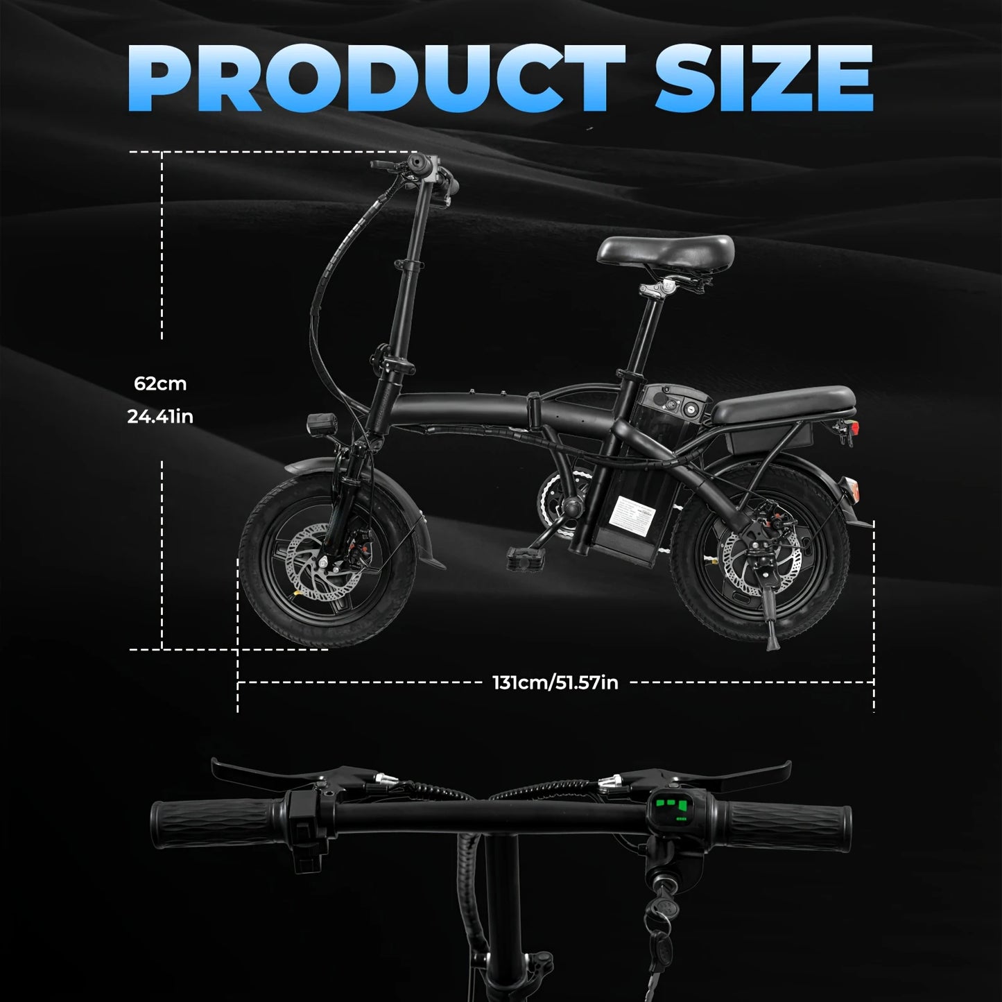 Adult folding electric bicycles, 14 inch 500W 24MPH 48V 10Ah battery, 3-level pedal assist, 14 inch foldable mini