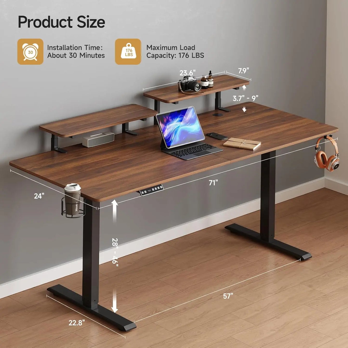 Electric Standing Desk w/ Adjustable Height, Memory Control & Dual Monitor Shelves