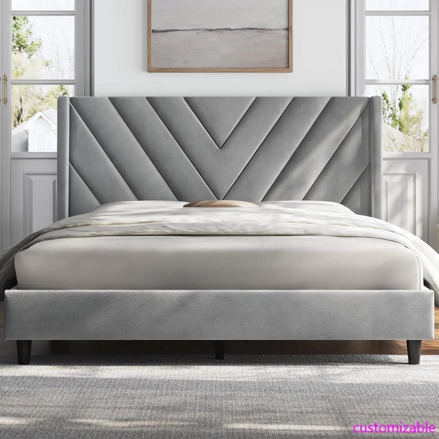 Queen Upholstered Platform Bed with Tufted Wingback Headboard