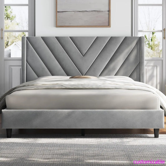 Queen Upholstered Platform Bed with Tufted Wingback Headboard
