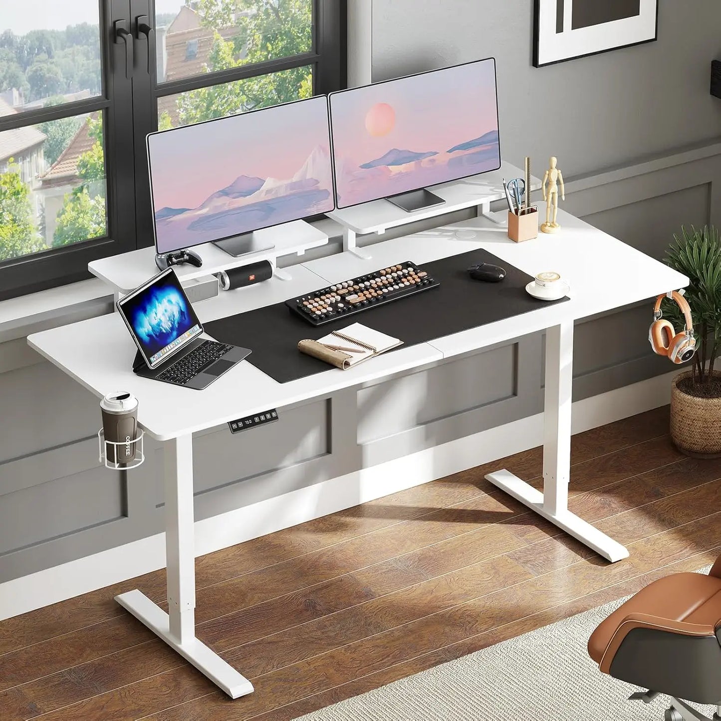 Electric Standing Desk w/ Adjustable Height, Memory Control & Dual Monitor Shelves