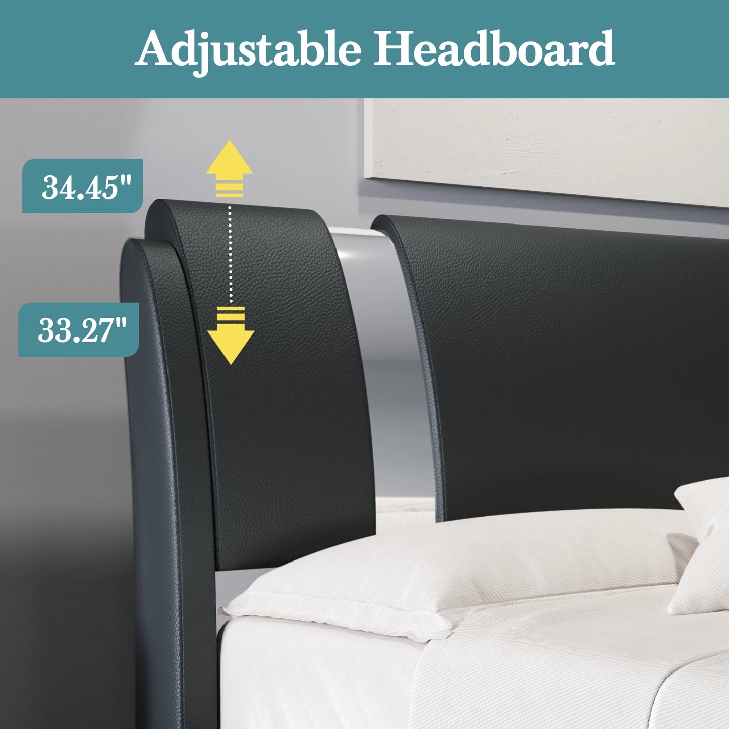 Modern Faux Leather Platform Bed with Adjustable Headboard