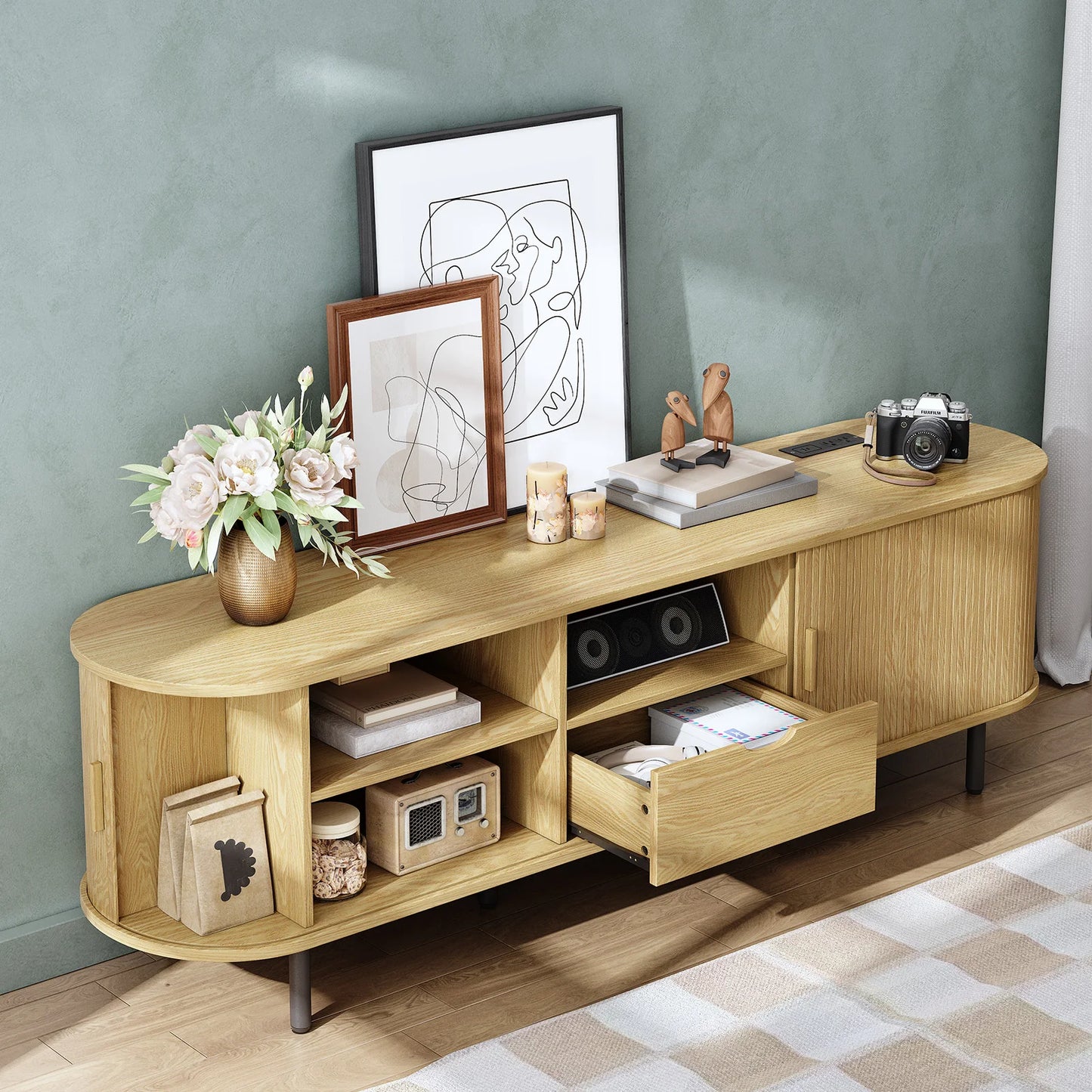 69" TV Stand with Power Outlet, Storage & Adjustable Shelves