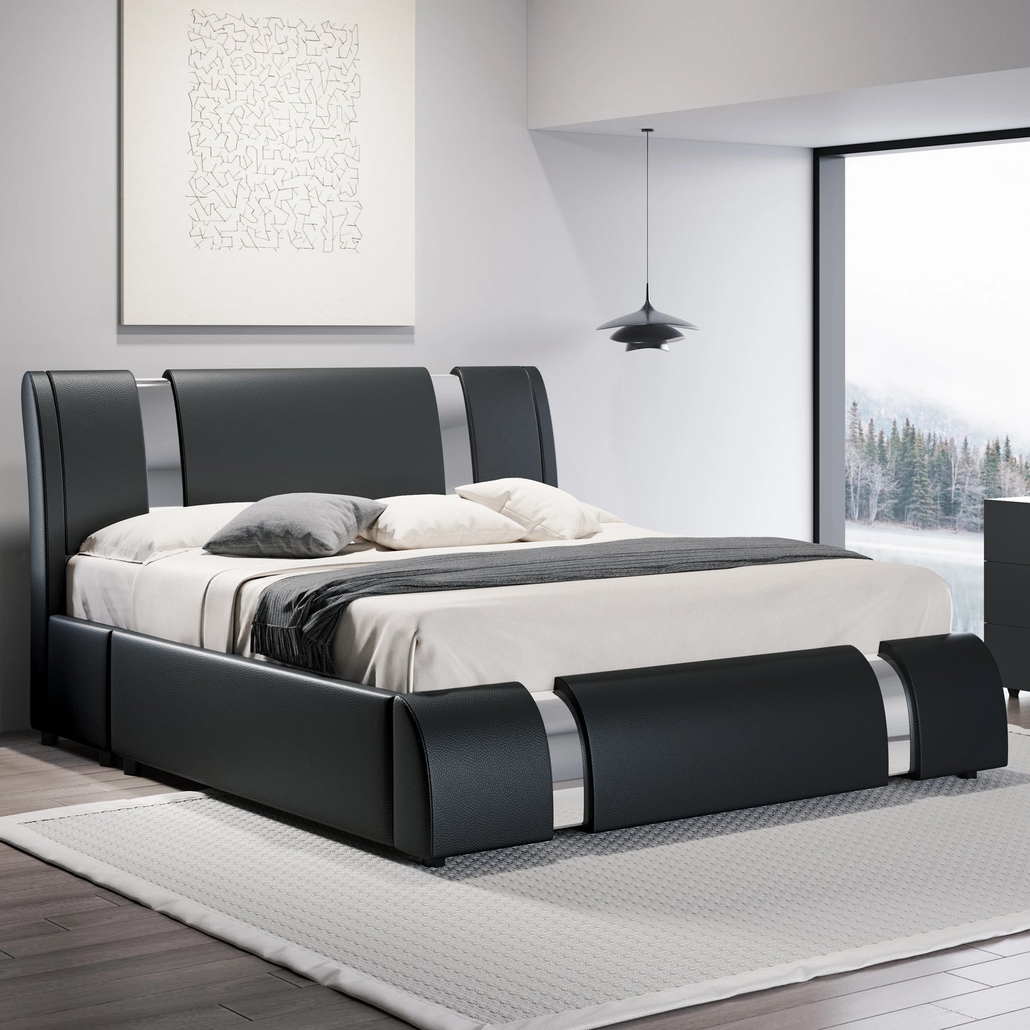 Modern Faux Leather Platform Bed with Adjustable Headboard