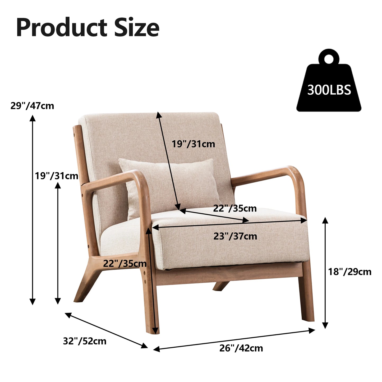 Solid Wood Living Room Chair with 105° Backrest & Pillow