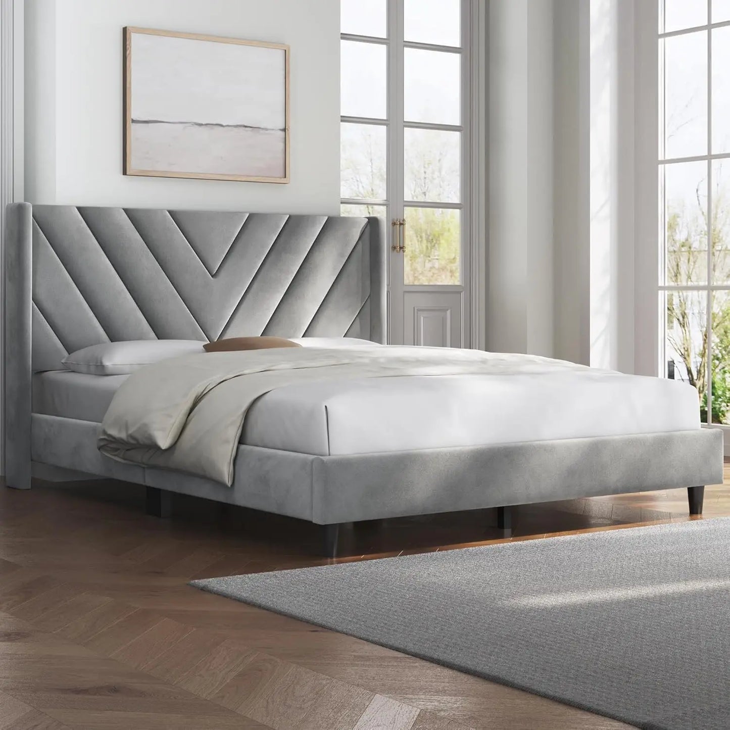 Queen Upholstered Platform Bed with Tufted Wingback Headboard