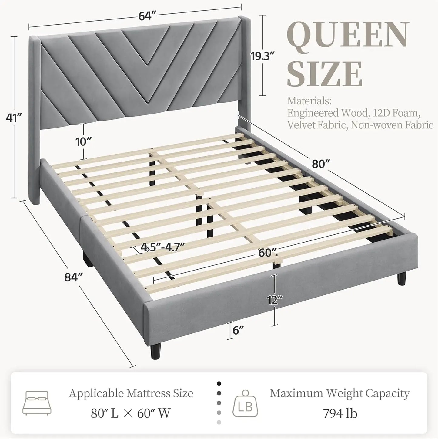 Queen Upholstered Platform Bed with Tufted Wingback Headboard