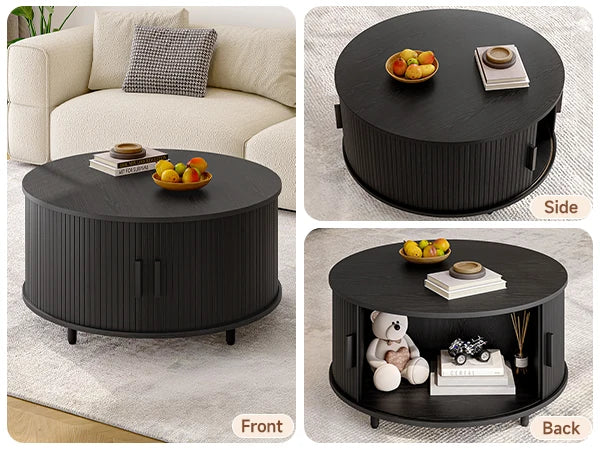 31.5" Round Modern Coffee Table with Storage & 360° Sliding Door