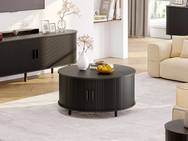 31.5" Round Modern Coffee Table with Storage & 360° Sliding Door