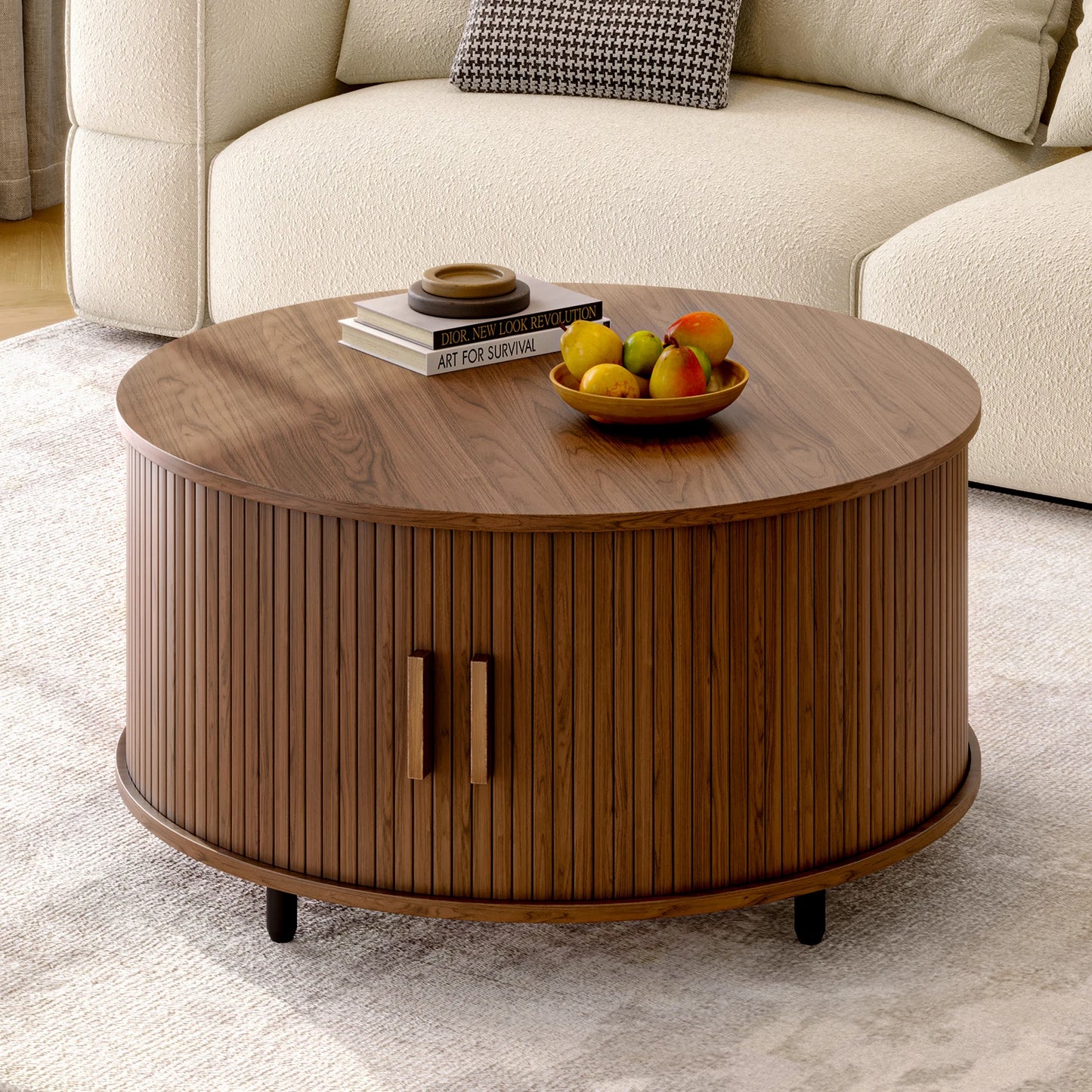 31.5" Round Modern Coffee Table with Storage & 360° Sliding Door