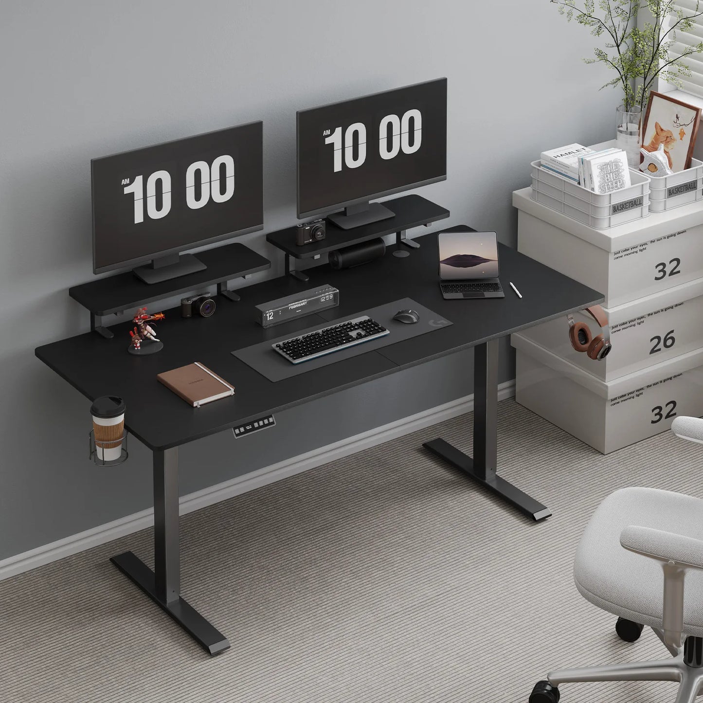 Electric Standing Desk w/ Adjustable Height, Memory Control & Dual Monitor Shelves