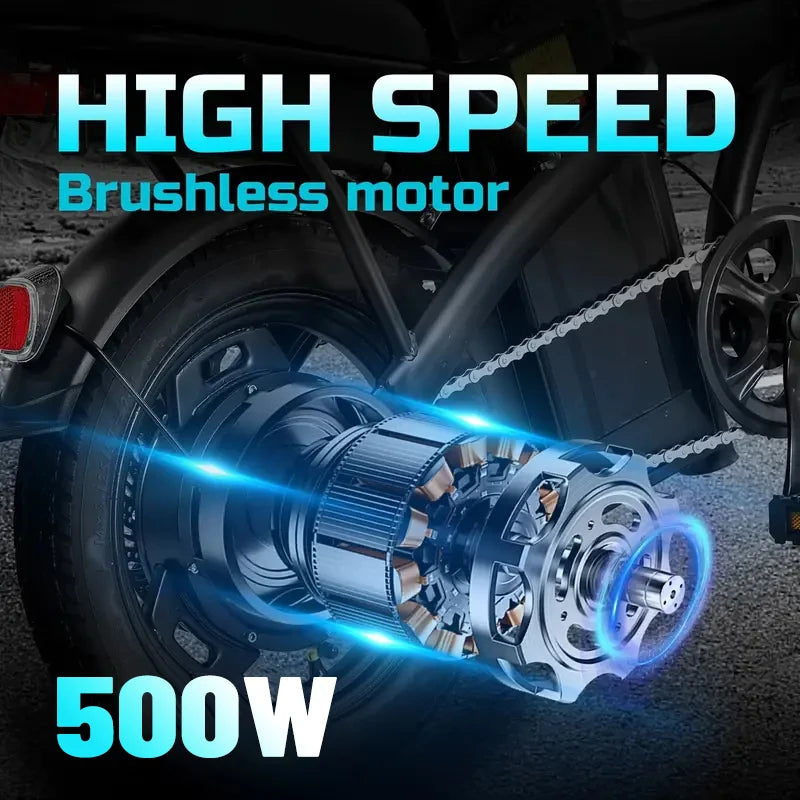 Adult folding electric bicycles, 14 inch 500W 24MPH 48V 10Ah battery, 3-level pedal assist, 14 inch foldable mini