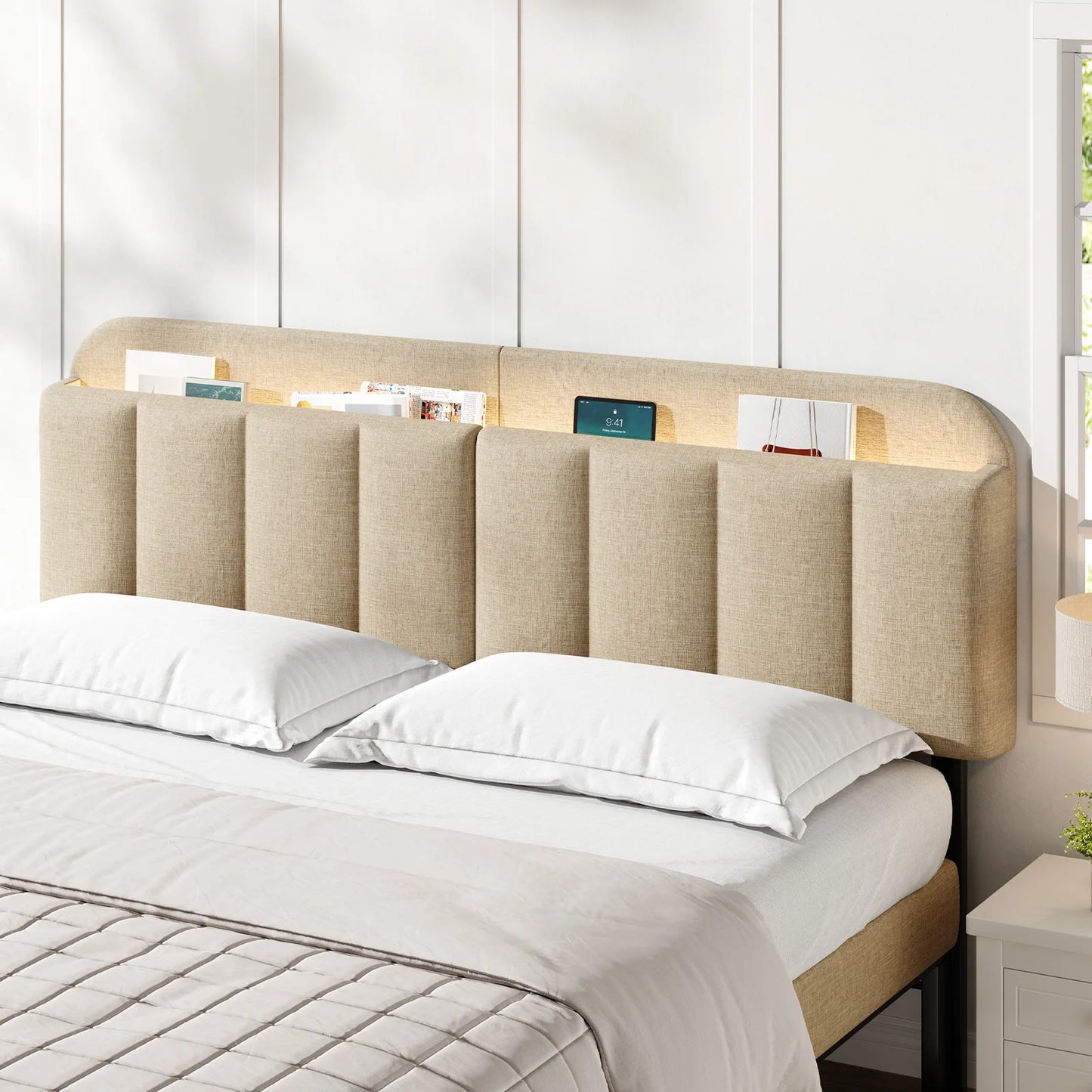 Adjustable Linen Headboard for Full/King Bed with Storage & RGB LED