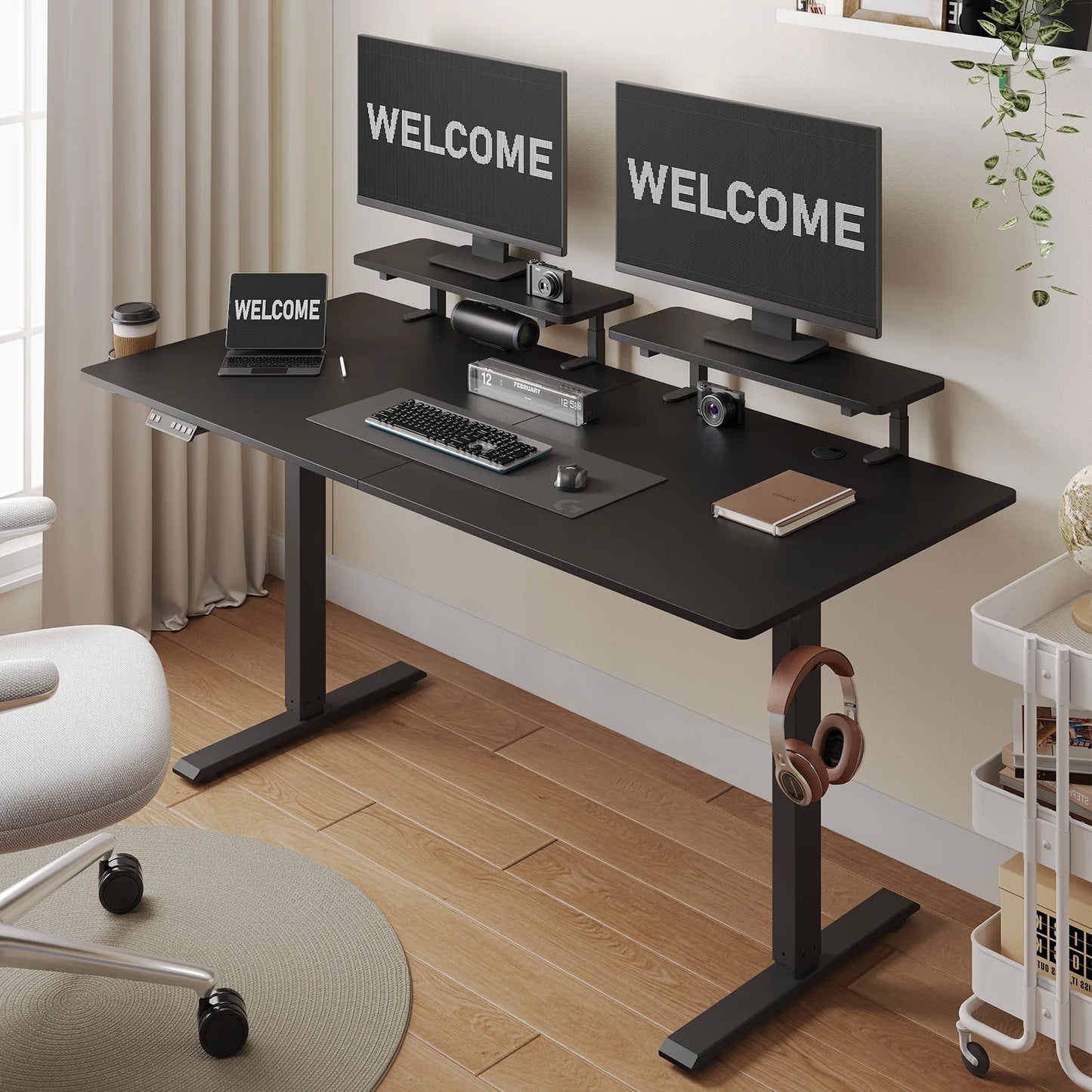 Electric Standing Desk w/ Adjustable Height, Memory Control & Dual Monitor Shelves