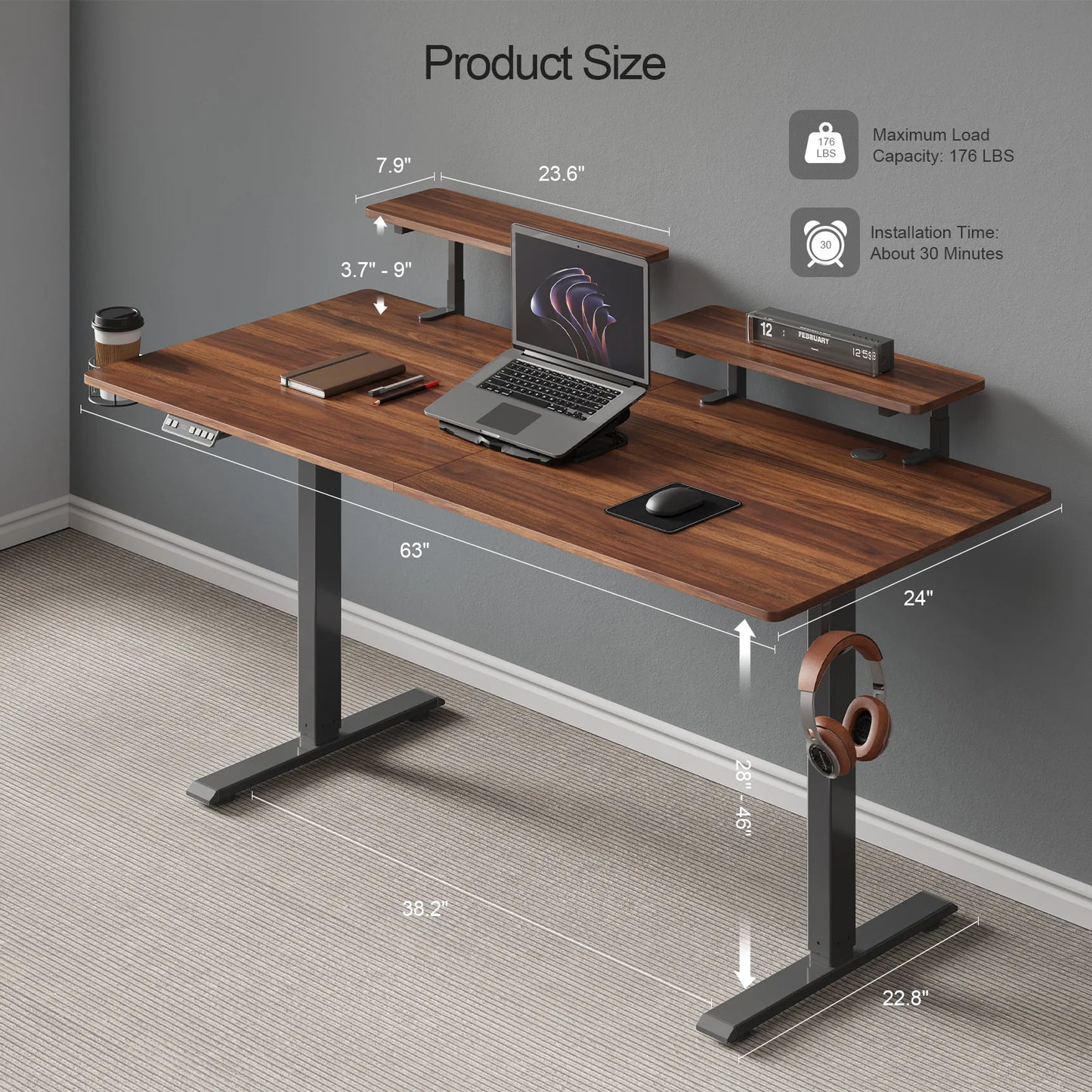 Electric Standing Desk w/ Adjustable Height, Memory Control & Dual Monitor Shelves