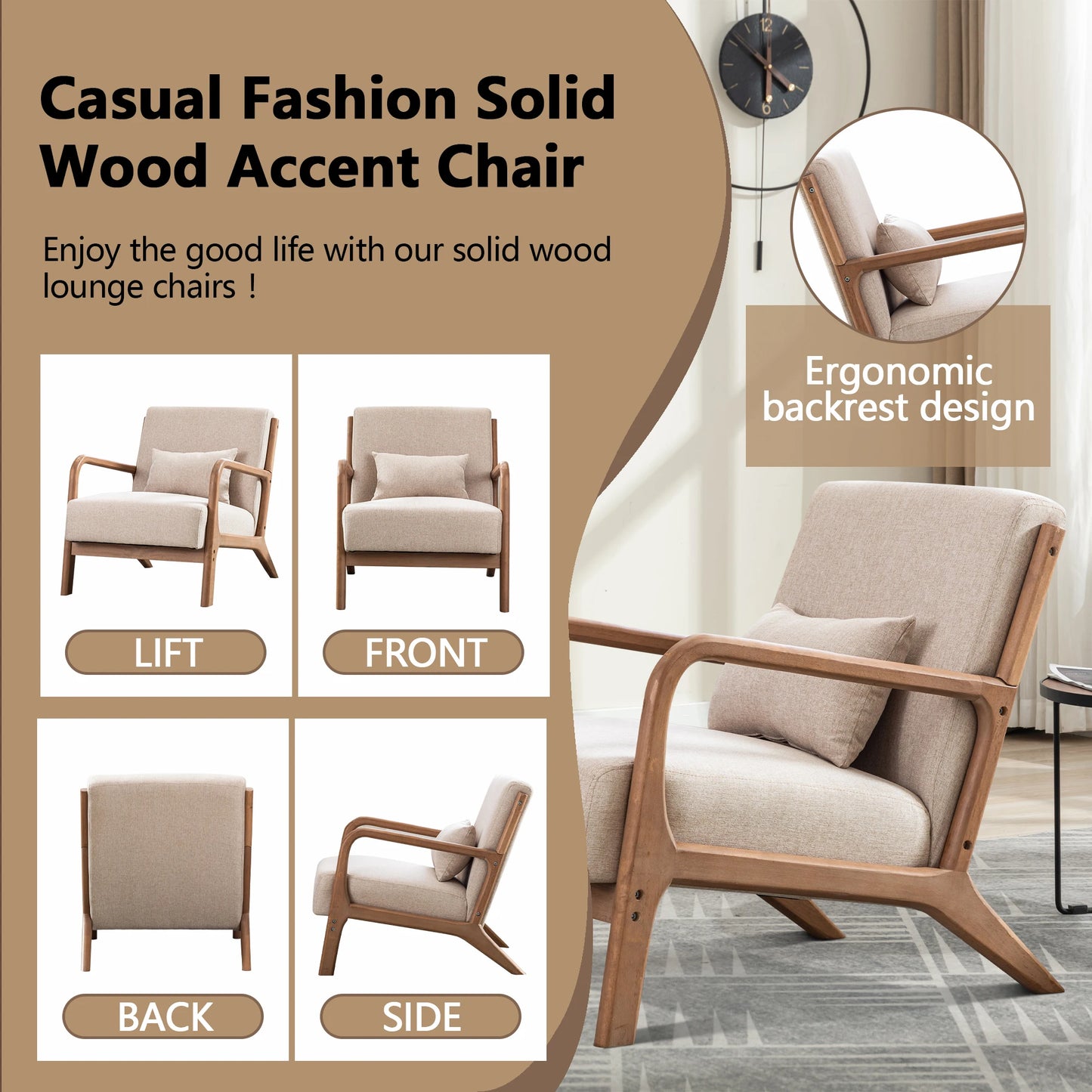 Solid Wood Living Room Chair with 105° Backrest & Pillow