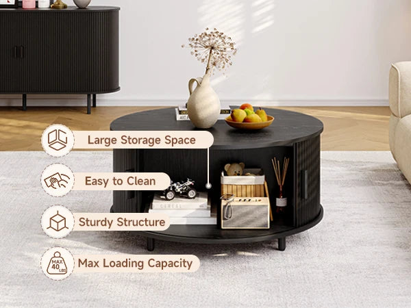 31.5" Round Modern Coffee Table with Storage & 360° Sliding Door