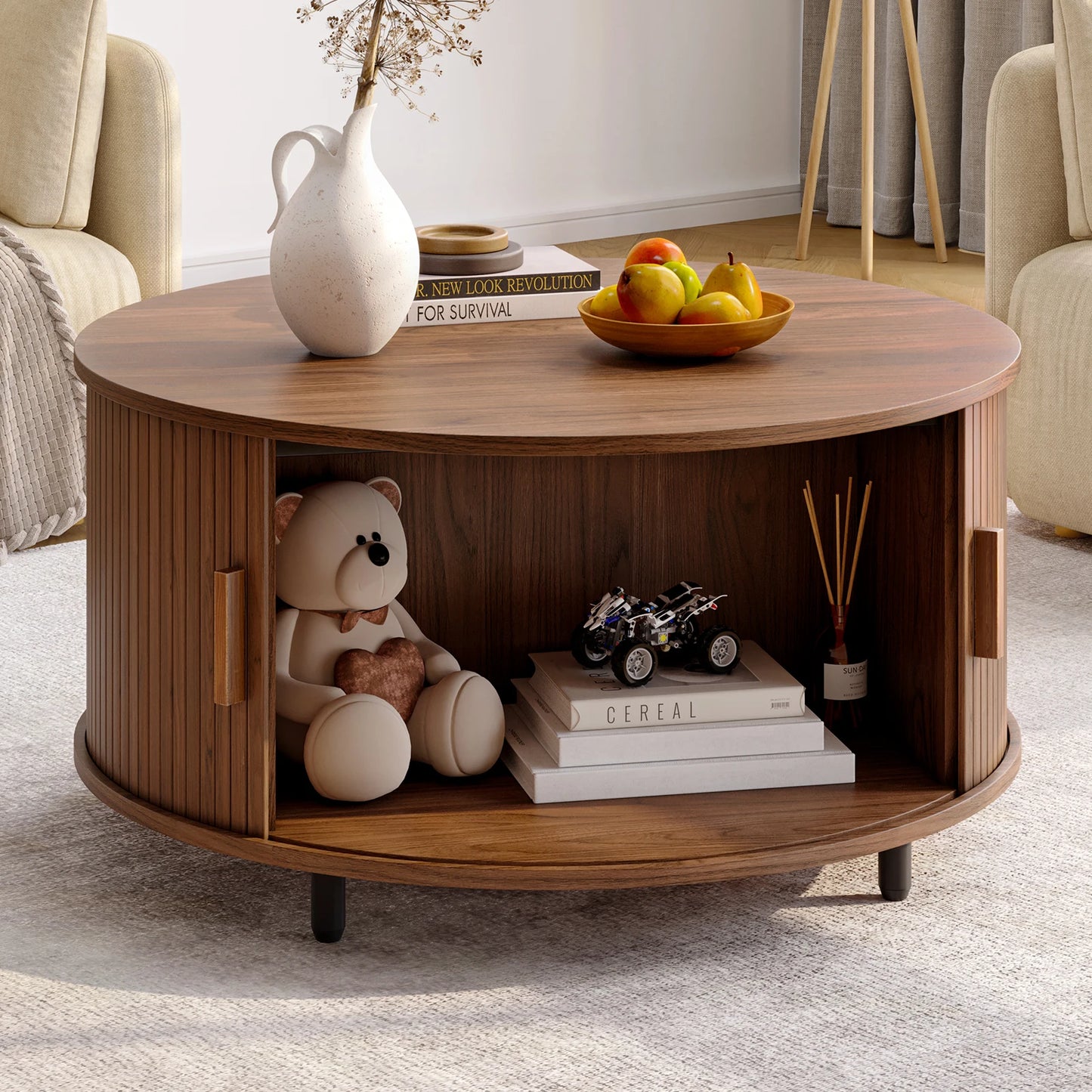 31.5" Round Modern Coffee Table with Storage & 360° Sliding Door