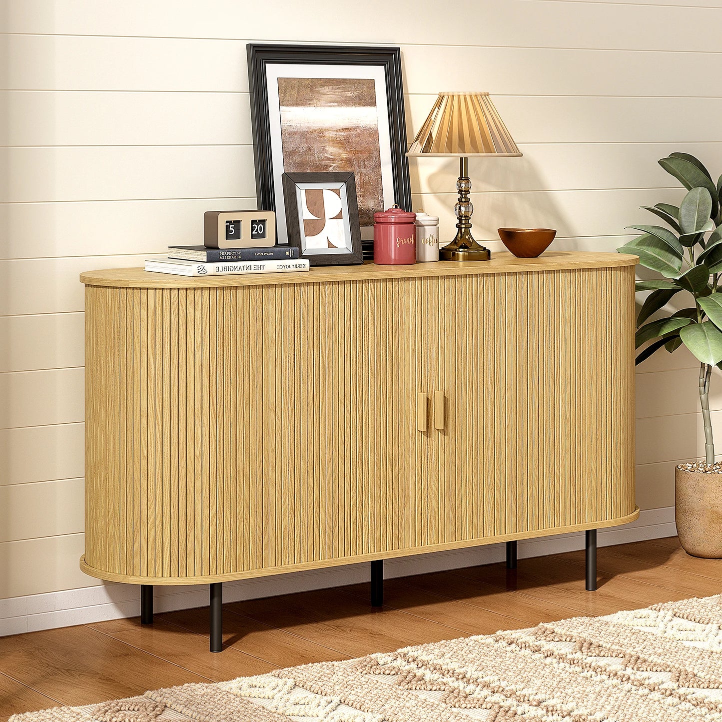 55" Sideboard Buffet Cabinet with Adjustable Shelf & Fluted Wood Design