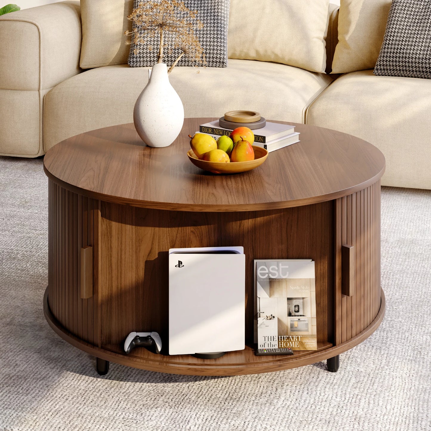 31.5" Round Modern Coffee Table with Storage & 360° Sliding Door