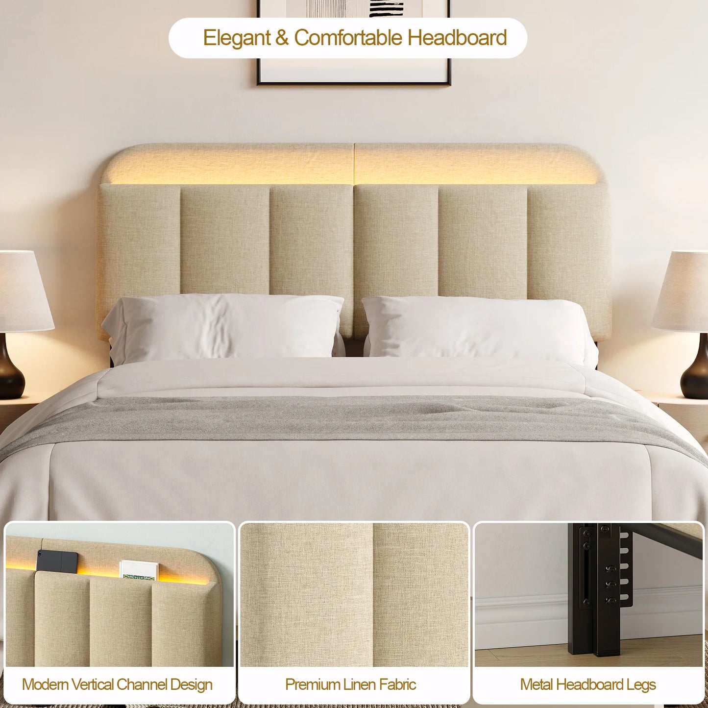 Adjustable Linen Headboard for Full/King Bed with Storage & RGB LED