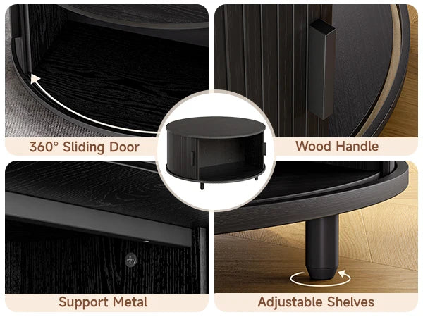 31.5" Round Modern Coffee Table with Storage & 360° Sliding Door