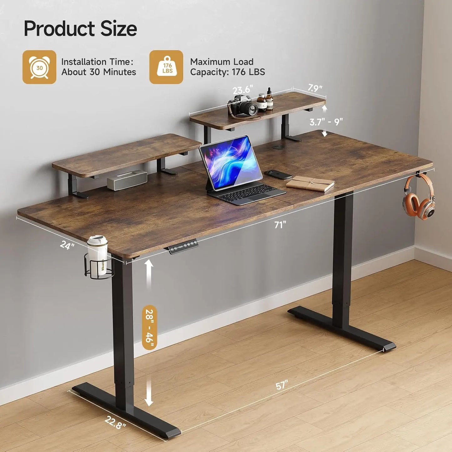 Electric Standing Desk w/ Adjustable Height, Memory Control & Dual Monitor Shelves