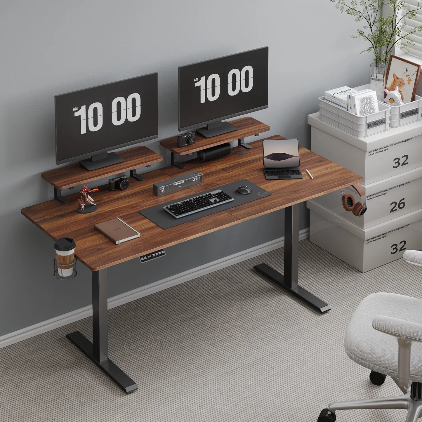 Electric Standing Desk w/ Adjustable Height, Memory Control & Dual Monitor Shelves