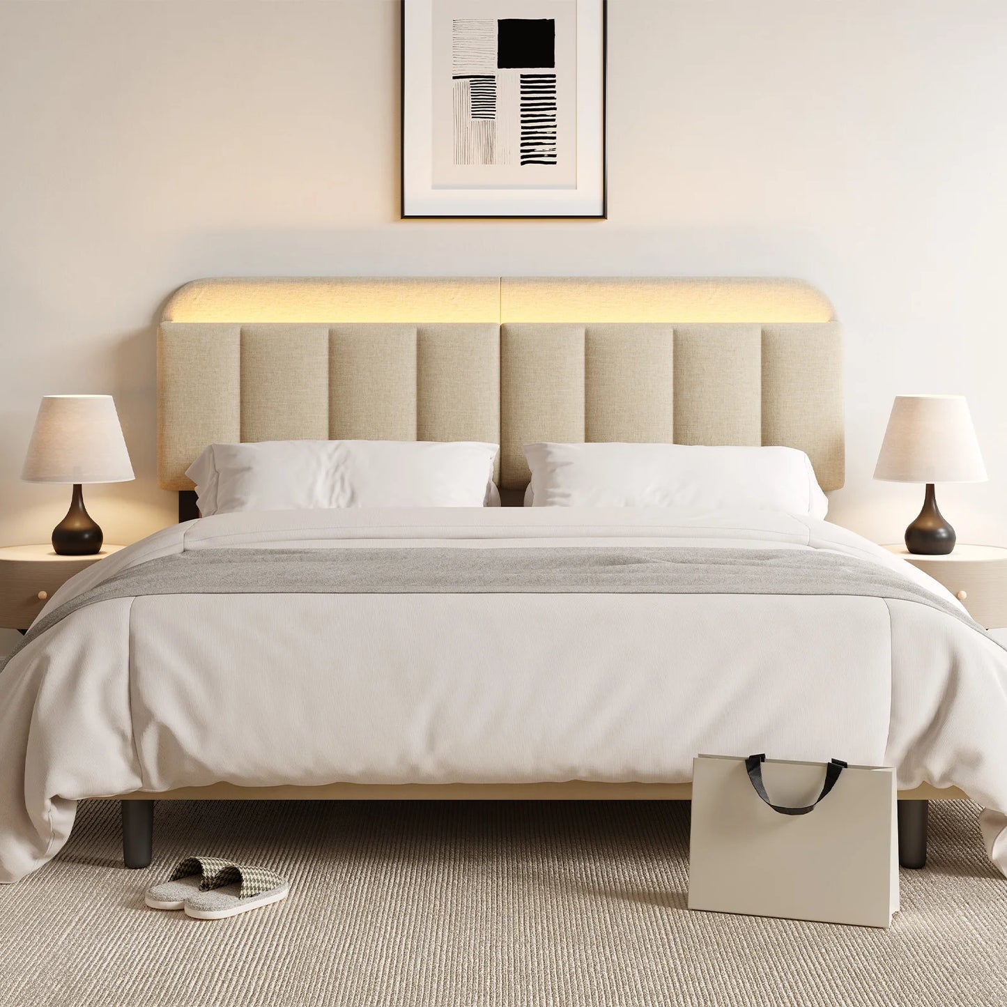 Adjustable Linen Headboard for Full/King Bed with Storage & RGB LED
