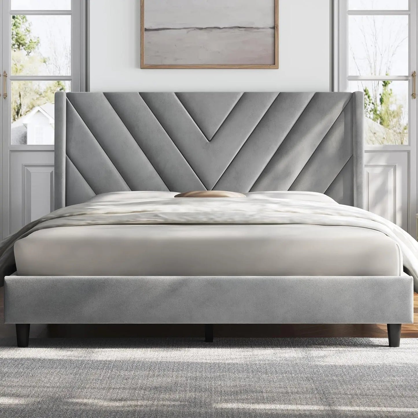 Queen Upholstered Platform Bed with Tufted Wingback Headboard