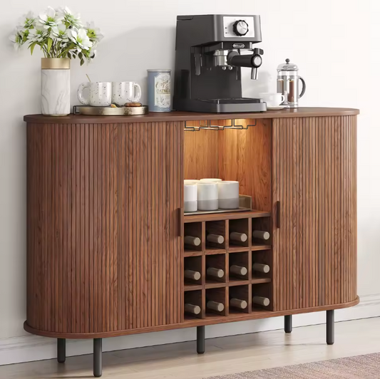 Wine Bar Cabinet with LED Lights, Wine Rack & Glass Holder – Walnut Buffet Sideboard