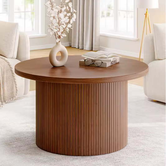 31.5" Round Tambour Coffee Table – Mid-Century Modern Wood Drum Table, Walnut