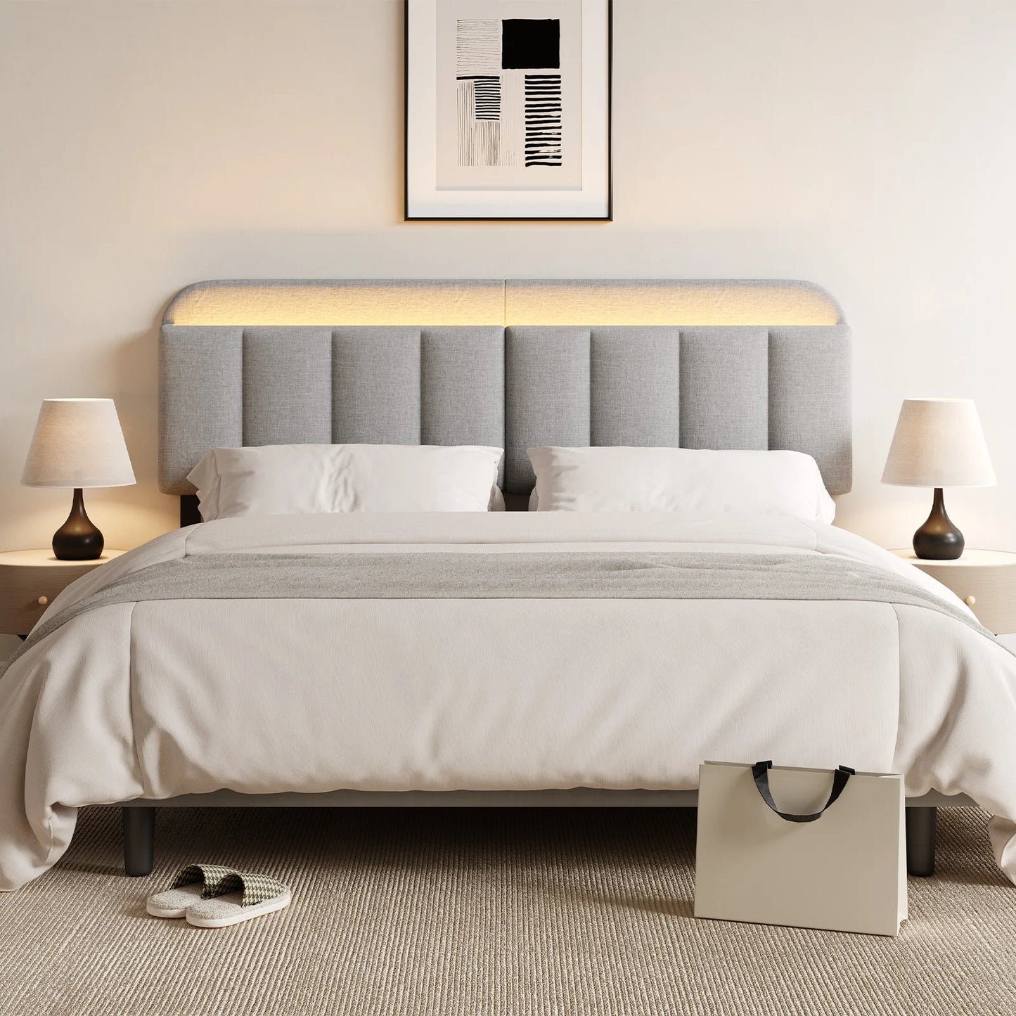 Adjustable Linen Headboard for Full/King Bed with Storage & RGB LED