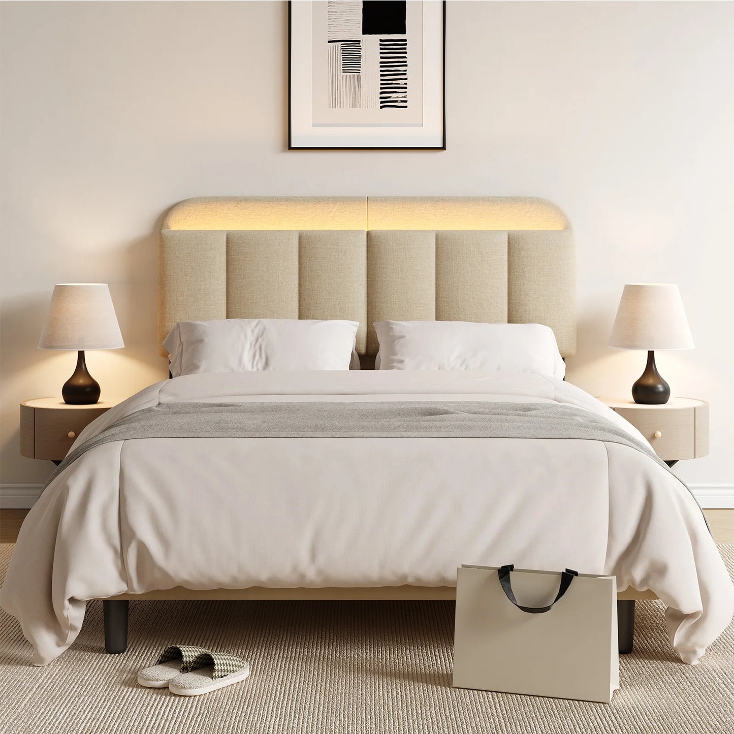 Adjustable Linen Headboard for Full/King Bed with Storage & RGB LED