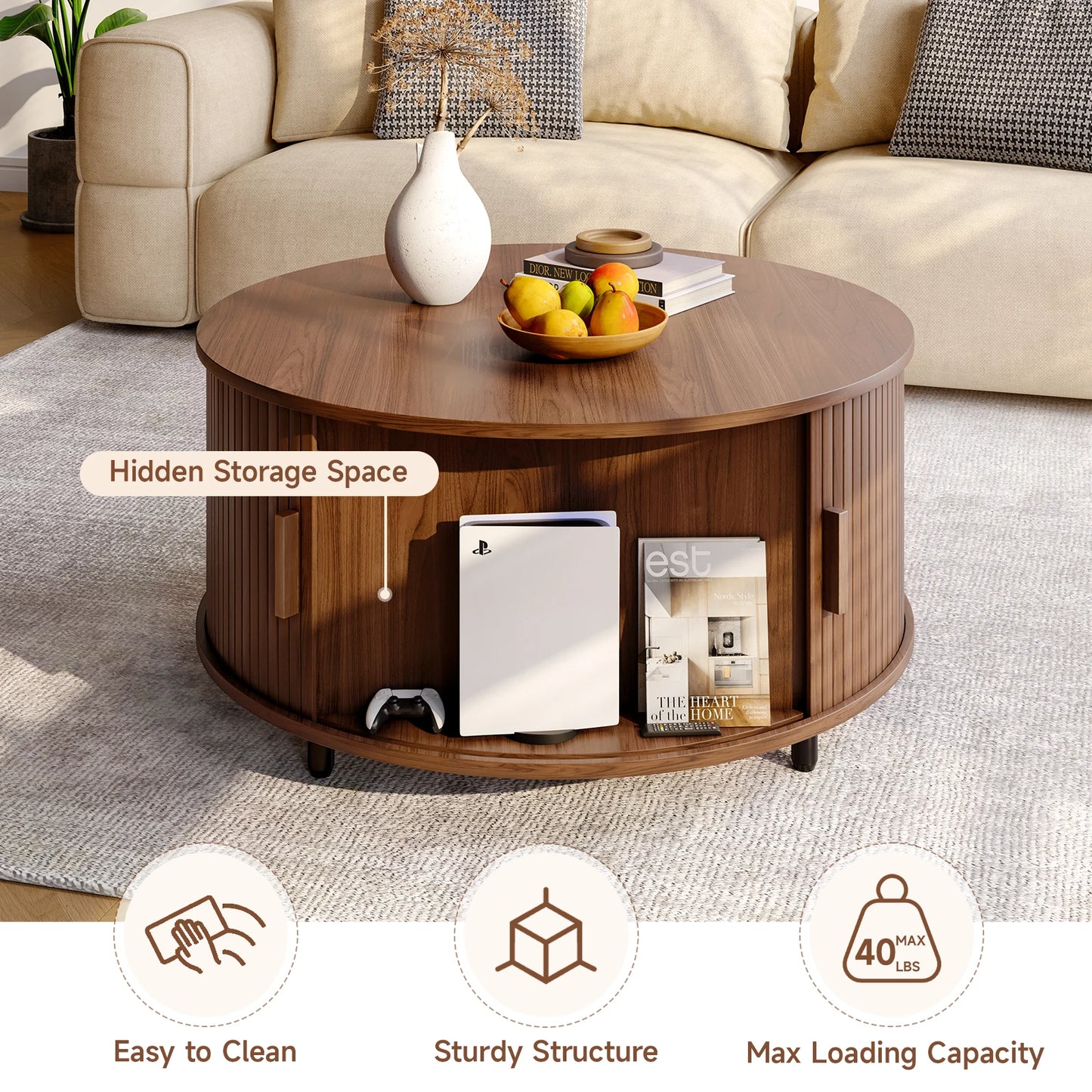 31.5" Round Modern Coffee Table with Storage & 360° Sliding Door