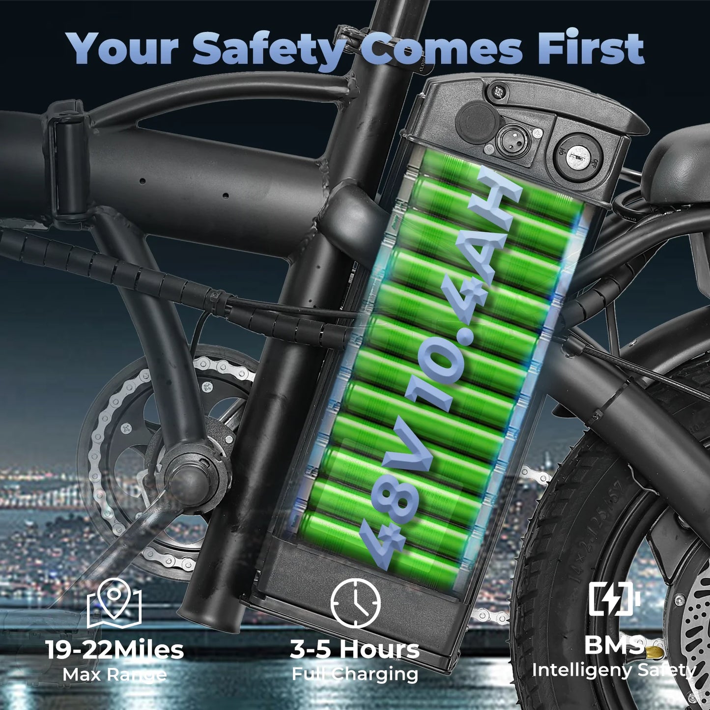 Adult folding electric bicycles, 14 inch 500W 24MPH 48V 10Ah battery, 3-level pedal assist, 14 inch foldable mini