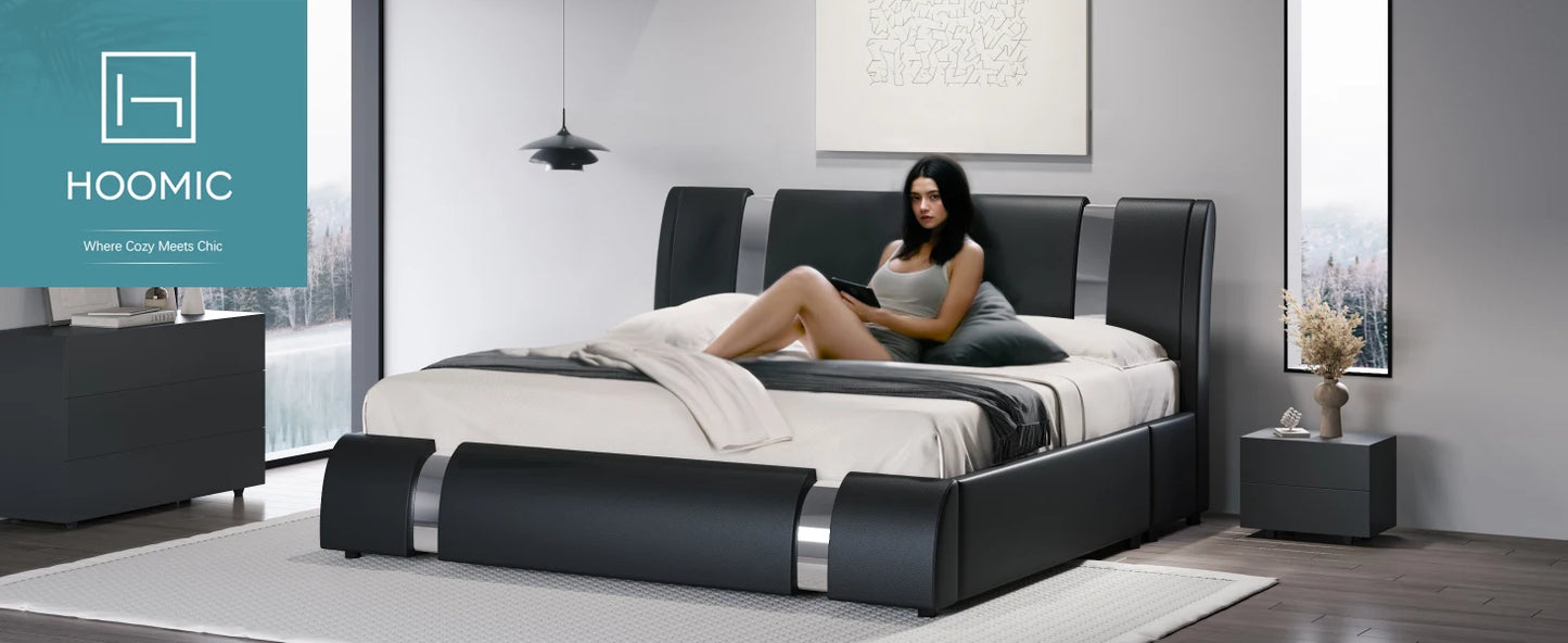 Modern Faux Leather Platform Bed with Adjustable Headboard