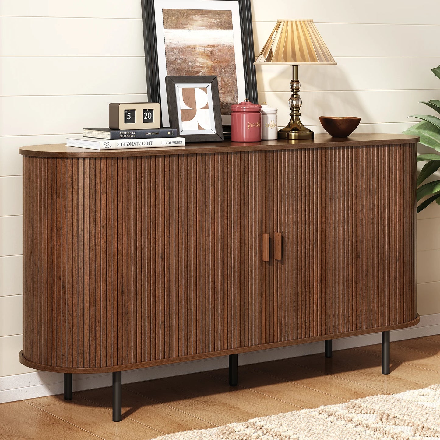 55" Sideboard Buffet Cabinet with Adjustable Shelf & Fluted Wood Design