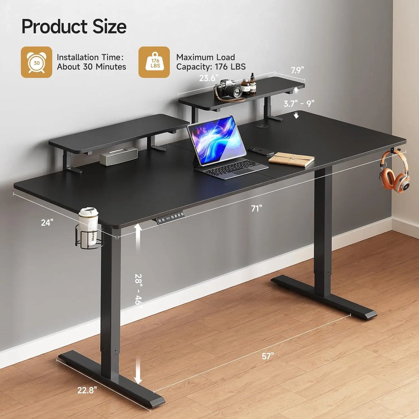 Electric Standing Desk w/ Adjustable Height, Memory Control & Dual Monitor Shelves