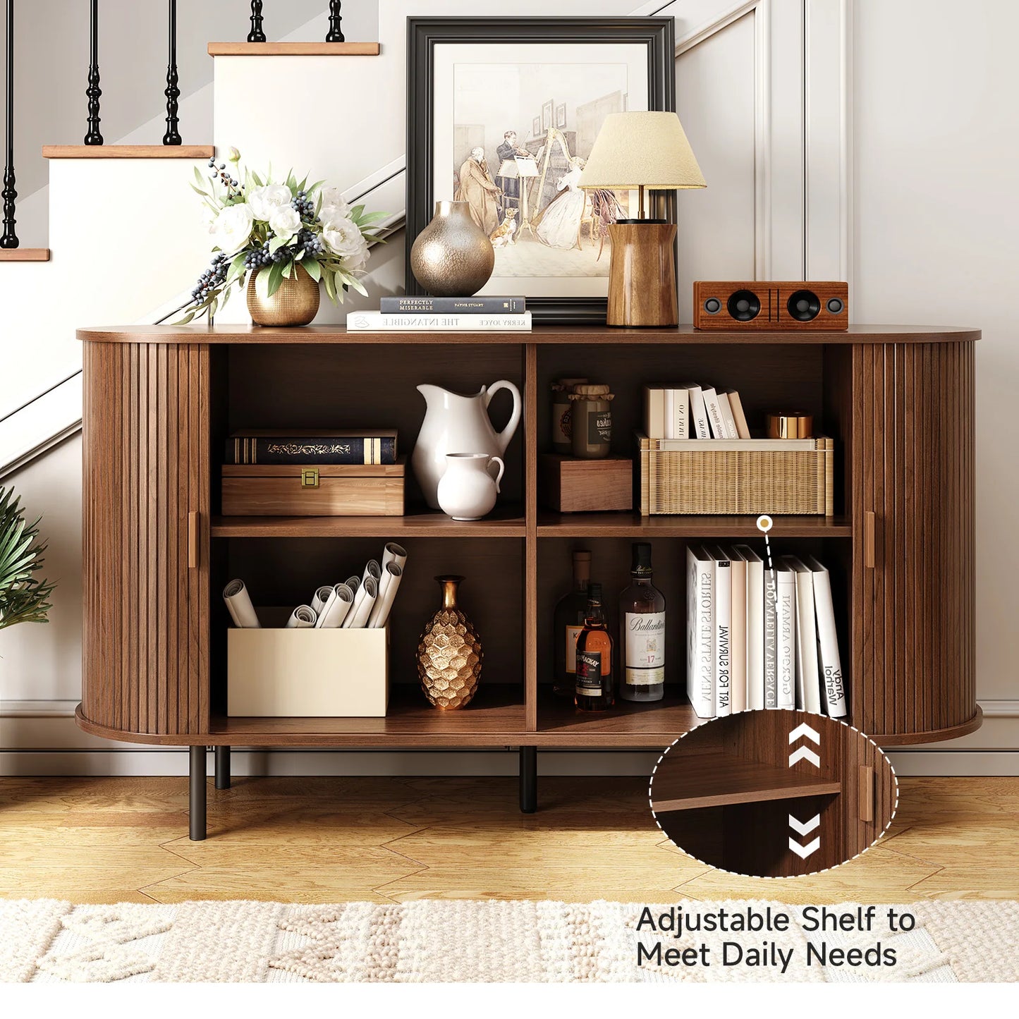 55" Sideboard Buffet Cabinet with Adjustable Shelf & Fluted Wood Design