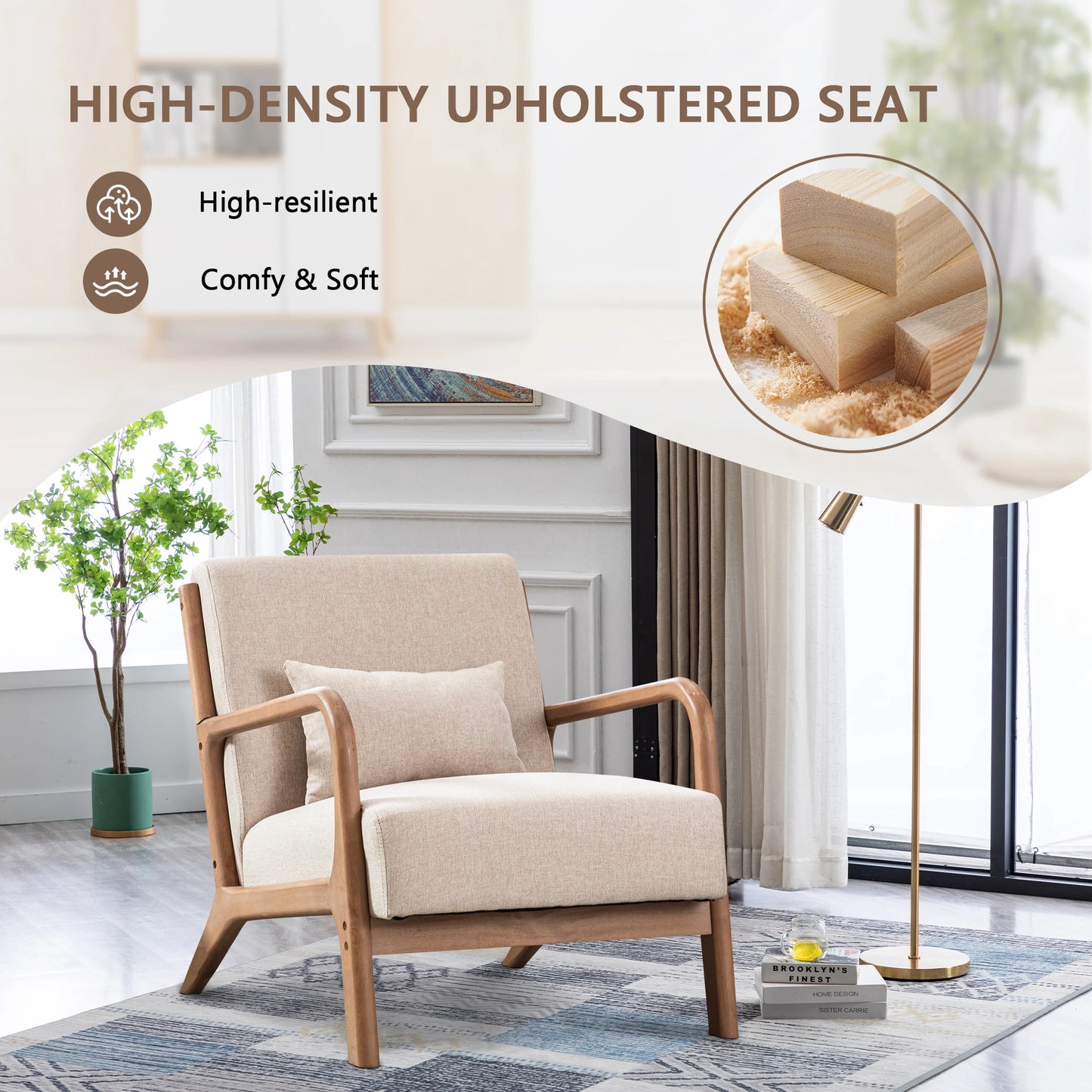 Solid Wood Living Room Chair with 105° Backrest & Pillow